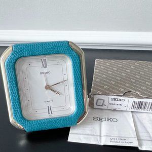 HTF Vintage Seiko Japan Leather Travel Folding Desk Alarm Clock Tiffany Blue NIB